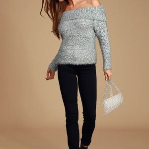 Blue Grey Fuzzy knit off shoulder sweater 💙